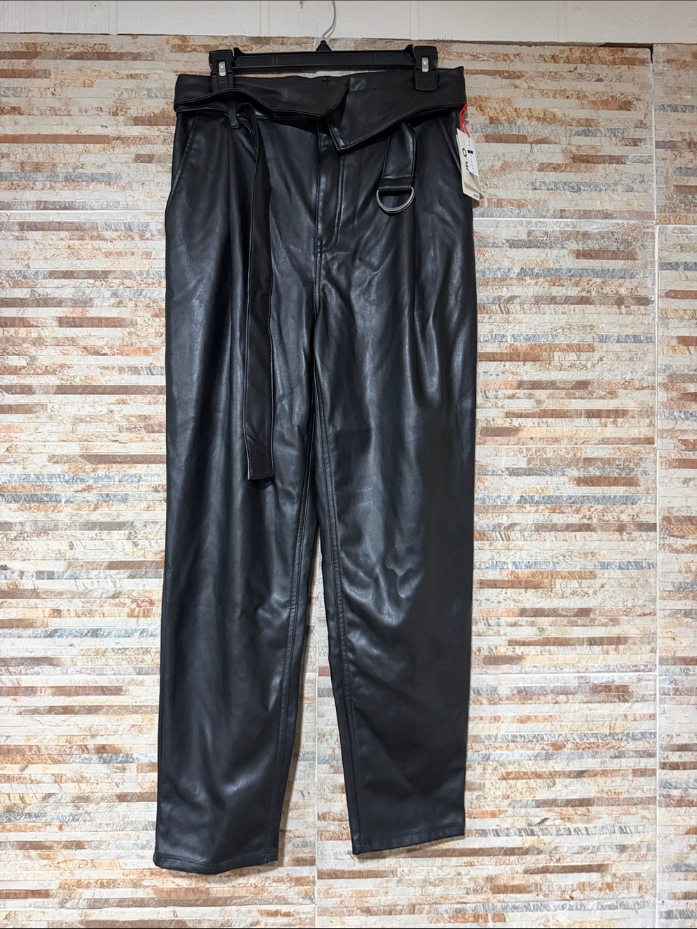 High-Rise Black Faux Leather Wide Leg Pants with Belt